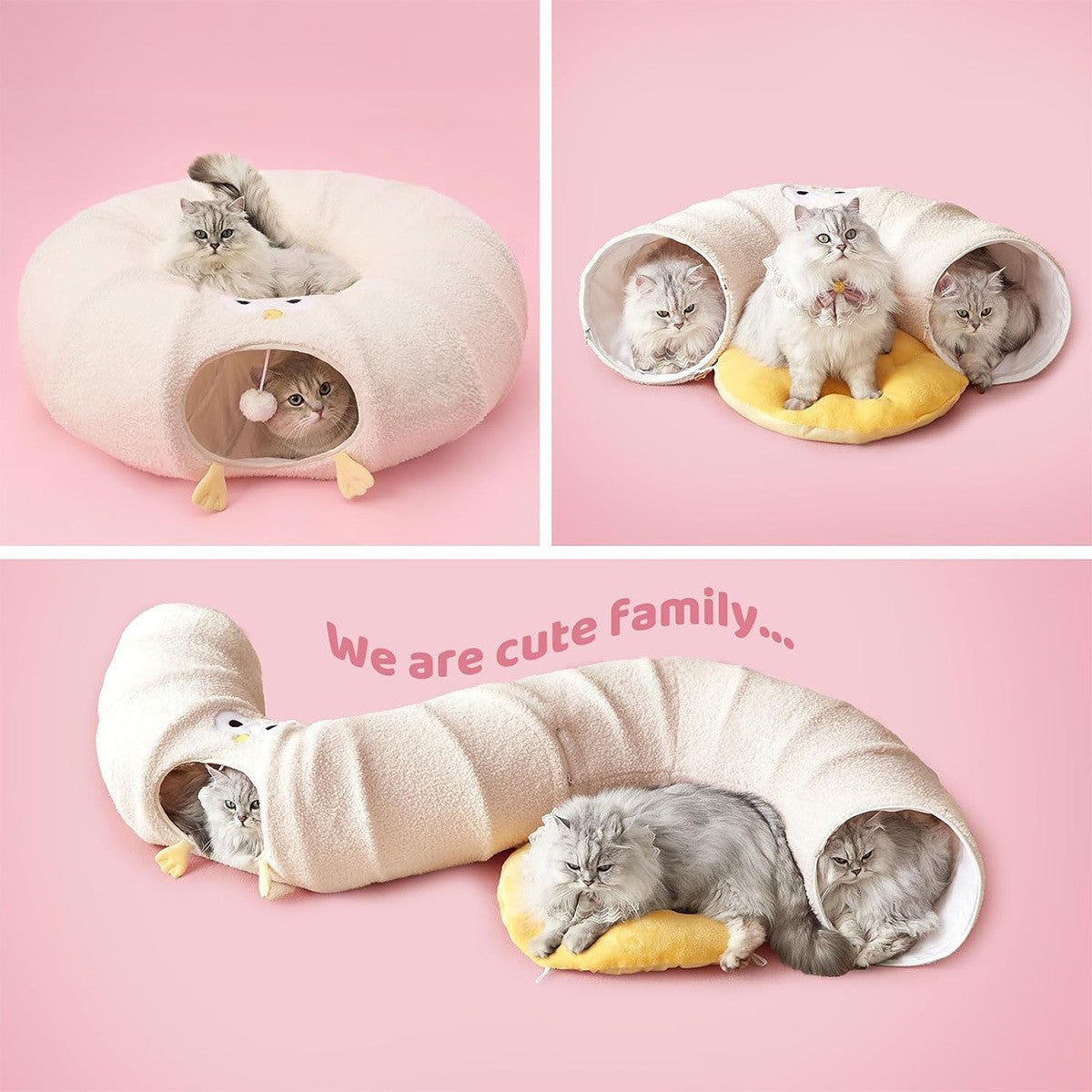 White Cute Foldable Cat Tunnel Bed with Dual-Zipper Detachable & Connectable Design - 2-in-1 Versatile Circular Doughnut Nest & S-Curve Play Center, Easy Fold-Away Storage (85x85x26CM)
