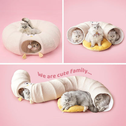 White Cute Foldable Cat Tunnel Bed with Dual-Zipper Detachable & Connectable Design - 2-in-1 Versatile Circular Doughnut Nest & S-Curve Play Center, Easy Fold-Away Storage (85x85x26CM)