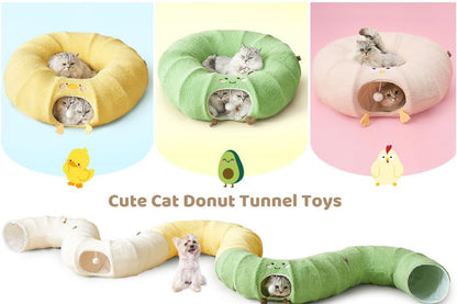 White Cute Foldable Cat Tunnel Bed with Dual-Zipper Detachable & Connectable Design - 2-in-1 Versatile Circular Doughnut Nest & S-Curve Play Center, Easy Fold-Away Storage (85x85x26CM)