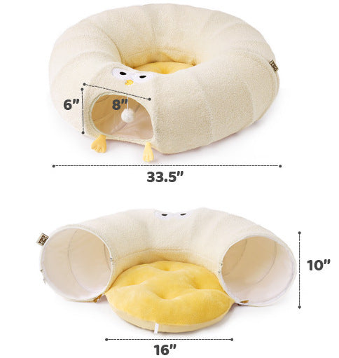White Cute Foldable Cat Tunnel Bed with Dual-Zipper Detachable & Connectable Design - 2-in-1 Versatile Circular Doughnut Nest & S-Curve Play Center, Easy Fold-Away Storage (85x85x26CM)