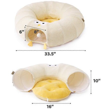 White Cute Foldable Cat Tunnel Bed with Dual-Zipper Detachable & Connectable Design - 2-in-1 Versatile Circular Doughnut Nest & S-Curve Play Center, Easy Fold-Away Storage (85x85x26CM)