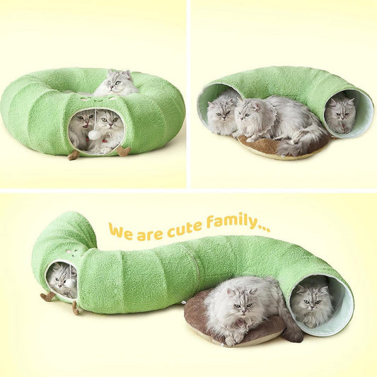Green Cute Foldable Cat Tunnel Bed with Dual-Zipper Detachable & Connectable Design - 2-in-1 Versatile Circular Doughnut Nest & S-Curve Play Center, Easy Fold-Away Storage (85x85x26CM)