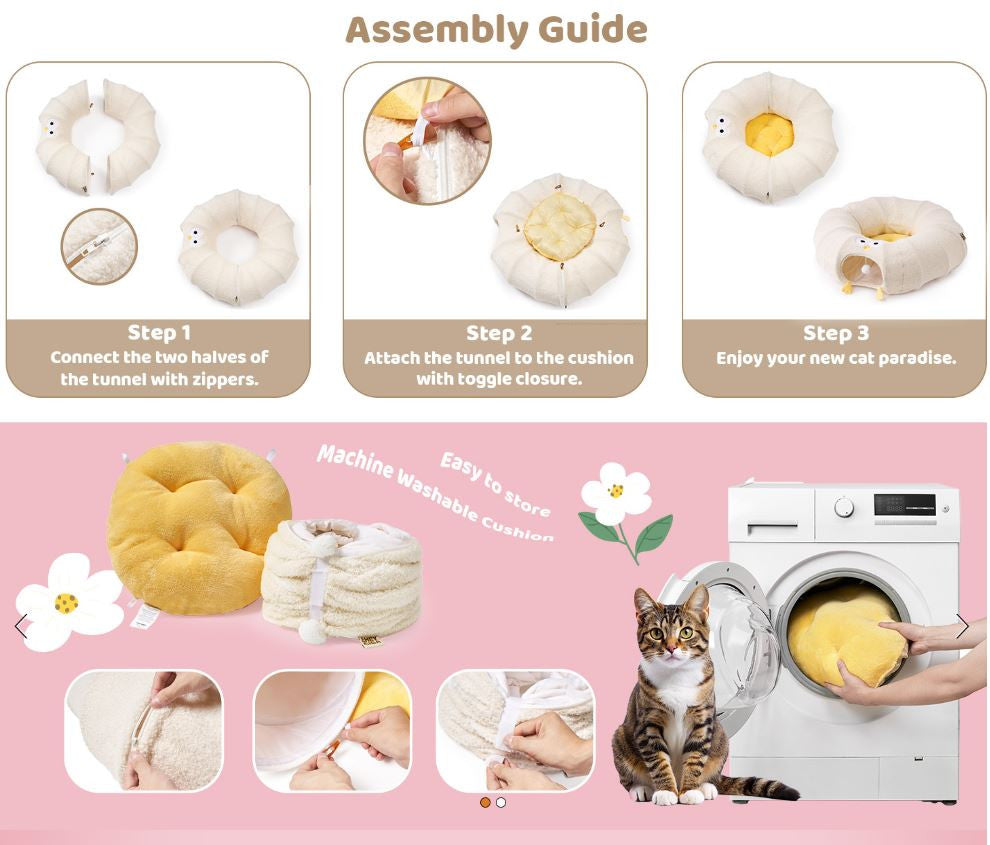 Green Cute Foldable Cat Tunnel Bed with Dual-Zipper Detachable & Connectable Design - 2-in-1 Versatile Circular Doughnut Nest & S-Curve Play Center, Easy Fold-Away Storage (85x85x26CM)