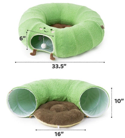 Green Cute Foldable Cat Tunnel Bed with Dual-Zipper Detachable & Connectable Design - 2-in-1 Versatile Circular Doughnut Nest & S-Curve Play Center, Easy Fold-Away Storage (85x85x26CM)