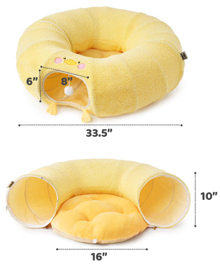 Yellow Cute Foldable Cat Tunnel Bed with Dual-Zipper Detachable & Connectable Design - 2-in-1 Versatile Circular Doughnut Nest & S-Curve Play Center, Easy Fold-Away Storage (85x85x26CM)