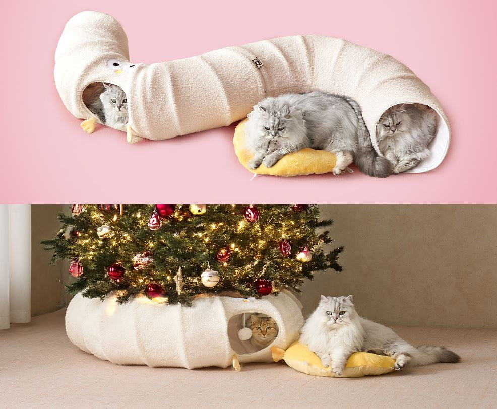 Yellow Cute Foldable Cat Tunnel Bed with Dual-Zipper Detachable & Connectable Design - 2-in-1 Versatile Circular Doughnut Nest & S-Curve Play Center, Easy Fold-Away Storage (85x85x26CM)