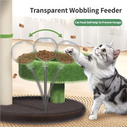 Large Multi-Functional Cat Tree & Activity Tower - All-in-One 70CM Tall Sisal Scratching Post, 31CM Diameter Plush Condo and Interactive Wobbling Feeder