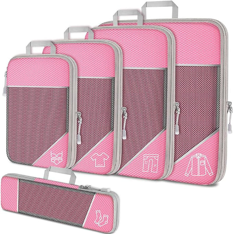 Pink Waterproof Travel Compression Packing Cube Set of 5 Sizes with Carry Handles - 50% Space Saving Breathable Nylon Luggage Organizer