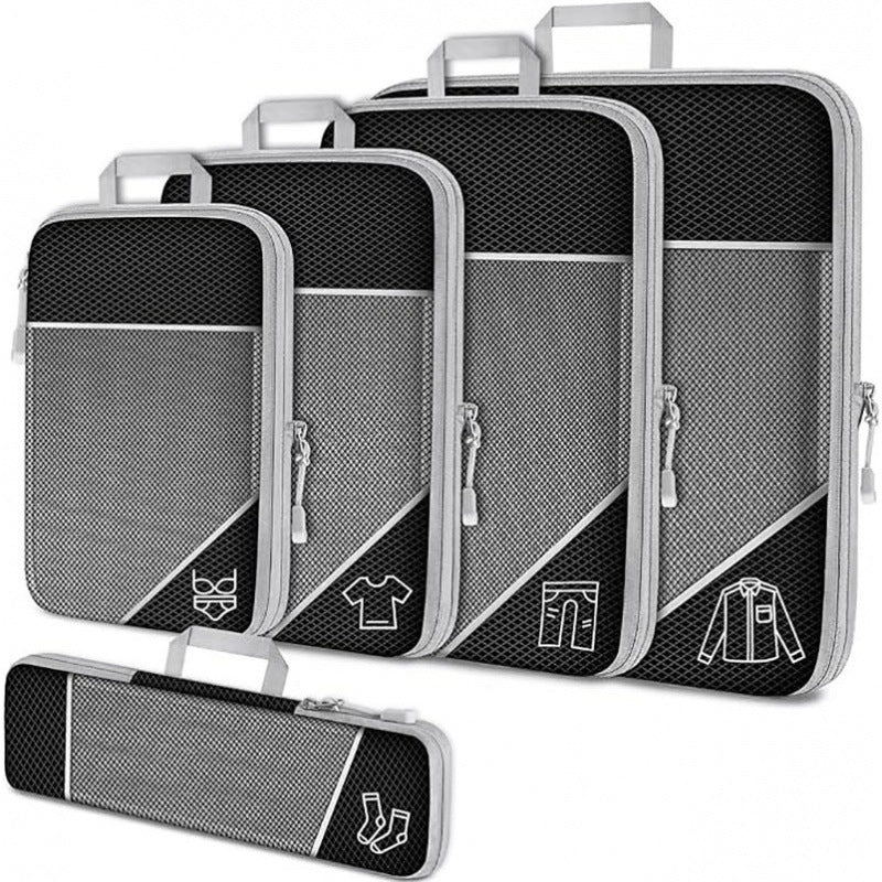 Black Waterproof Travel Compression Packing Cube Set of 5 Sizes with Carry Handles - 50% Space Saving Breathable Nylon Luggage Organizer