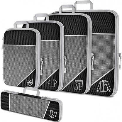 Black Waterproof Travel Compression Packing Cube Set of 5 Sizes with Carry Handles - 50% Space Saving Breathable Nylon Luggage Organizer