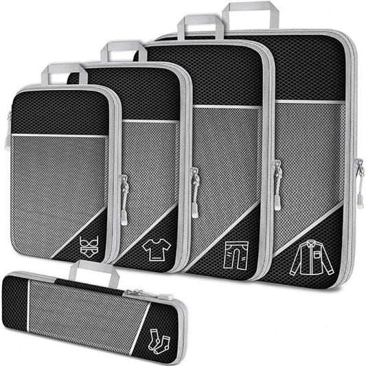 Black Waterproof Travel Compression Packing Cube Set of 5 Sizes with Carry Handles - 50% Space Saving Breathable Nylon Luggage Organizer