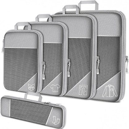Grey Waterproof Travel Compression Packing Cube Set of 5 Sizes with Carry Handles - 50% Space Saving Breathable Nylon Luggage Organizer