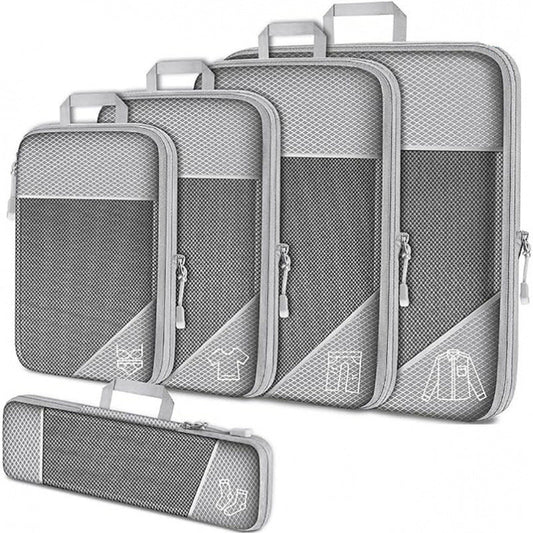 Grey Waterproof Travel Compression Packing Cube Set of 5 Sizes with Carry Handles - 50% Space Saving Breathable Nylon Luggage Organizer