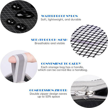 Grey Waterproof Travel Compression Packing Cube Set of 5 Sizes with Carry Handles - 50% Space Saving Breathable Nylon Luggage Organizer