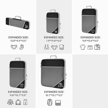 Grey Waterproof Travel Compression Packing Cube Set of 5 Sizes with Carry Handles - 50% Space Saving Breathable Nylon Luggage Organizer