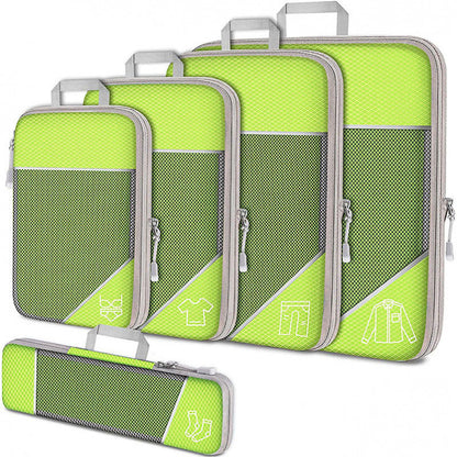 Green Waterproof Travel Compression Packing Cube Set of 5 Sizes with Carry Handles - 50% Space Saving Breathable Nylon Luggage Organizer