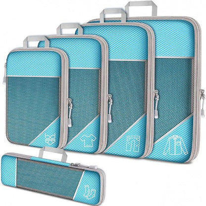 Blue Waterproof Travel Compression Packing Cube Set of 5 Sizes with Carry Handles - 50% Space Saving Breathable Nylon Luggage Organizer