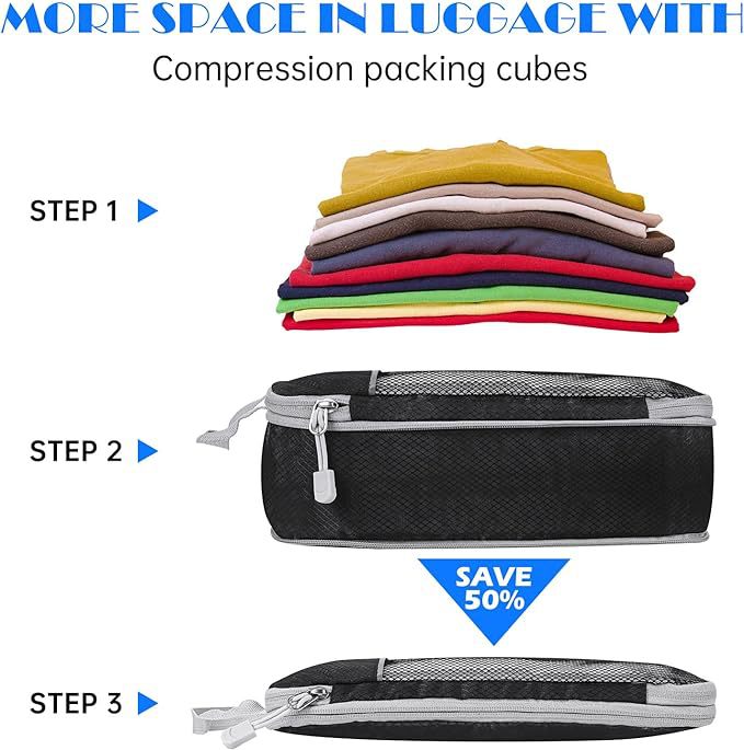 Blue Waterproof Travel Compression Packing Cube Set of 5 Sizes with Carry Handles - 50% Space Saving Breathable Nylon Luggage Organizer