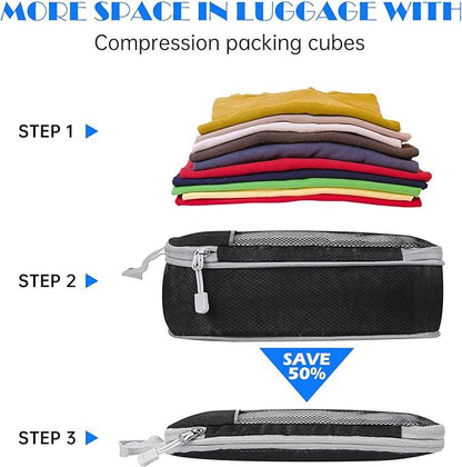 Blue Waterproof Travel Compression Packing Cube Set of 5 Sizes with Carry Handles - 50% Space Saving Breathable Nylon Luggage Organizer