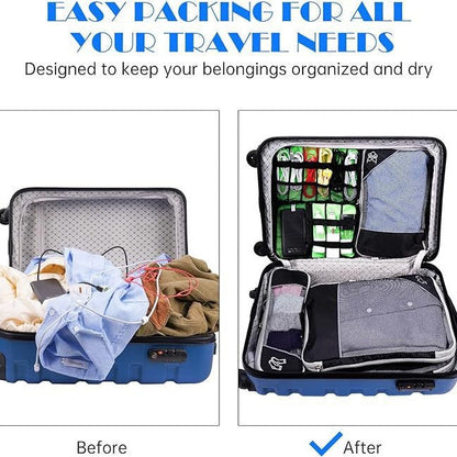 Blue Waterproof Travel Compression Packing Cube Set of 5 Sizes with Carry Handles - 50% Space Saving Breathable Nylon Luggage Organizer