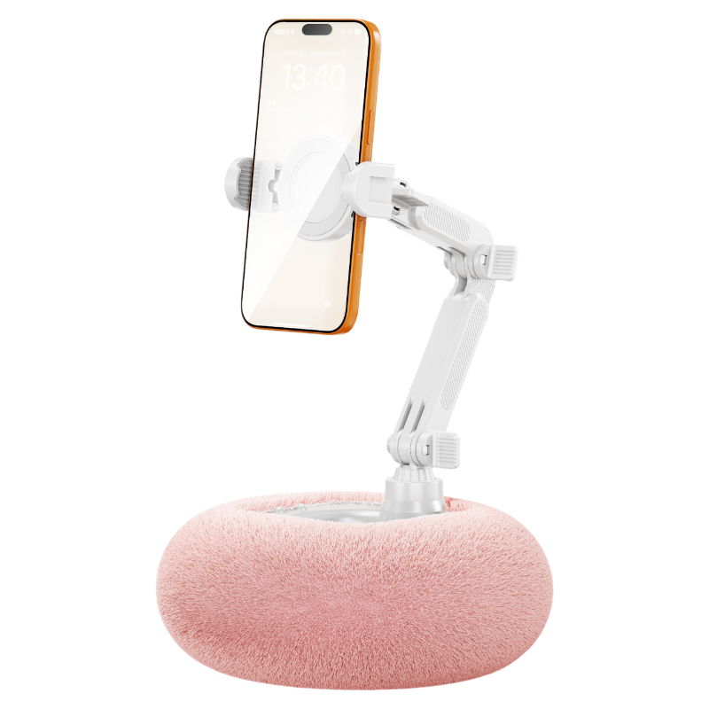 2-in-1 Pink Soft Plush Pillow Base & Phone Holder - 3-Axis 180Â° Rotation, Height Adjustable and Telescopic Clamp Stand, Relieve Arm Fatigue and Neck Strain