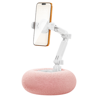 2-in-1 Pink Soft Plush Pillow Base & Phone Holder - 3-Axis 180Â° Rotation, Height Adjustable and Telescopic Clamp Stand, Relieve Arm Fatigue and Neck Strain