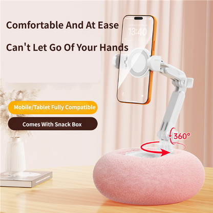 2-in-1 Pink Soft Plush Pillow Base & Phone Holder - 3-Axis 180Â° Rotation, Height Adjustable and Telescopic Clamp Stand, Relieve Arm Fatigue and Neck Strain