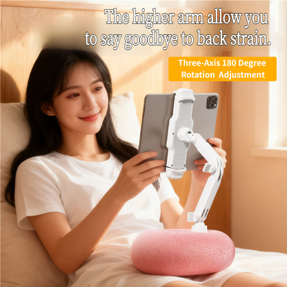 2-in-1 Pink Soft Plush Pillow Base & Phone Holder - 3-Axis 180Â° Rotation, Height Adjustable and Telescopic Clamp Stand, Relieve Arm Fatigue and Neck Strain