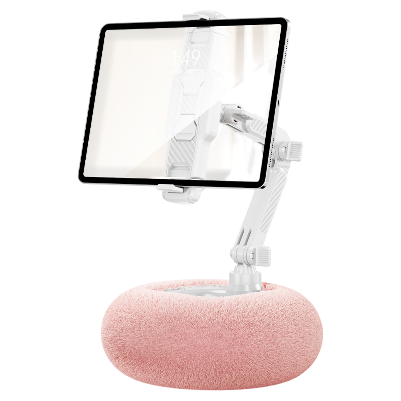 2-in-1 Pink Soft Plush Pillow Base & Tablet Holder - 3-Axis 180Â° Rotation, Height Adjustable and Telescopic Clamp Stand, Relieve Arm Fatigue and Neck Strain