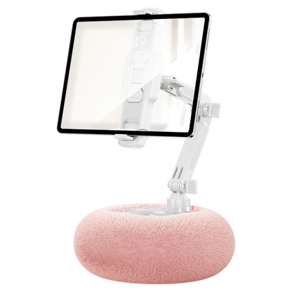2-in-1 Pink Soft Plush Pillow Base & Tablet Holder - 3-Axis 180Â° Rotation, Height Adjustable and Telescopic Clamp Stand, Relieve Arm Fatigue and Neck Strain