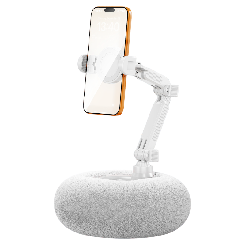 2-in-1 White Soft Plush Pillow Base & Phone Holder - 3-Axis 180Â° Rotation, Height Adjustable and Telescopic Clamp Stand, Relieve Arm Fatigue and Neck Strain