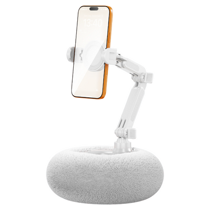 2-in-1 White Soft Plush Pillow Base & Phone Holder - 3-Axis 180Â° Rotation, Height Adjustable and Telescopic Clamp Stand, Relieve Arm Fatigue and Neck Strain