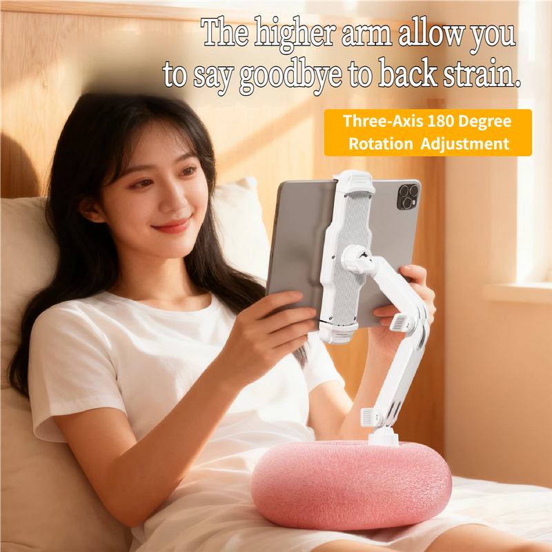 2-in-1 White Soft Plush Pillow Base & Phone Holder - 3-Axis 180Â° Rotation, Height Adjustable and Telescopic Clamp Stand, Relieve Arm Fatigue and Neck Strain