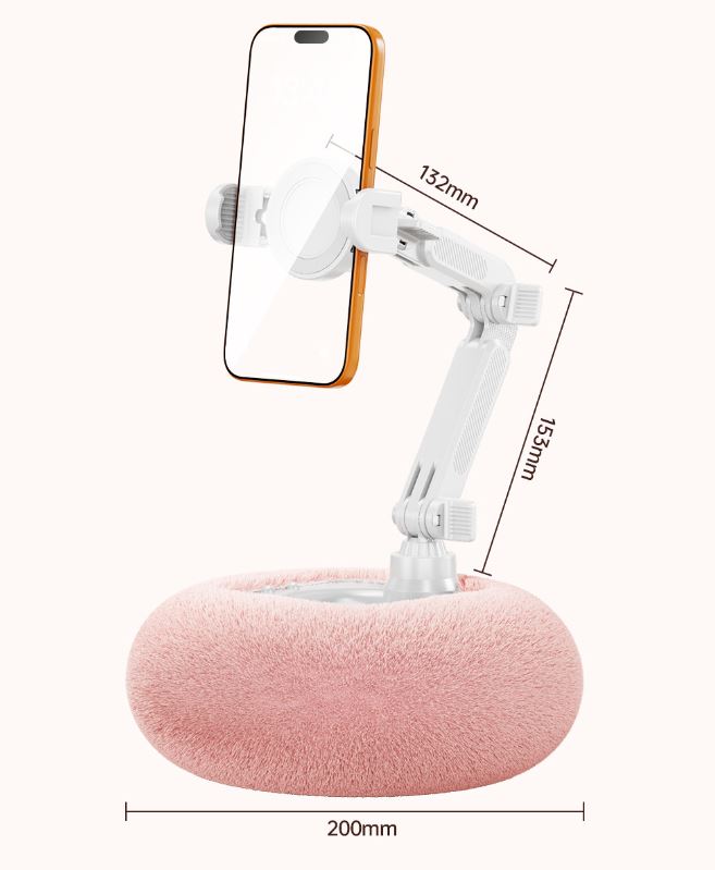 2-in-1 White Soft Plush Pillow Base & Phone Holder - 3-Axis 180Â° Rotation, Height Adjustable and Telescopic Clamp Stand, Relieve Arm Fatigue and Neck Strain