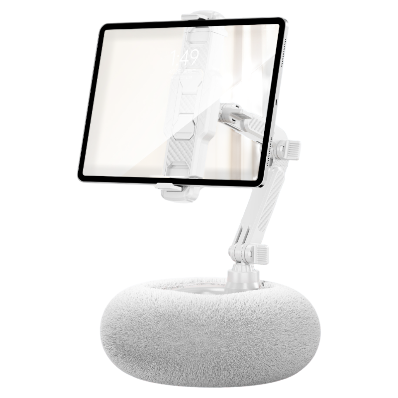 2-in-1 White Soft Plush Pillow Base & Tablet Holder - 3-Axis 180Â° Rotation, Height Adjustable and Telescopic Clamp Stand, Relieve Arm Fatigue and Neck Strain