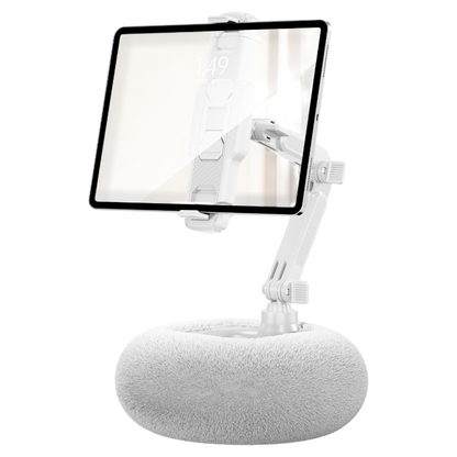 2-in-1 White Soft Plush Pillow Base & Tablet Holder - 3-Axis 180Â° Rotation, Height Adjustable and Telescopic Clamp Stand, Relieve Arm Fatigue and Neck Strain