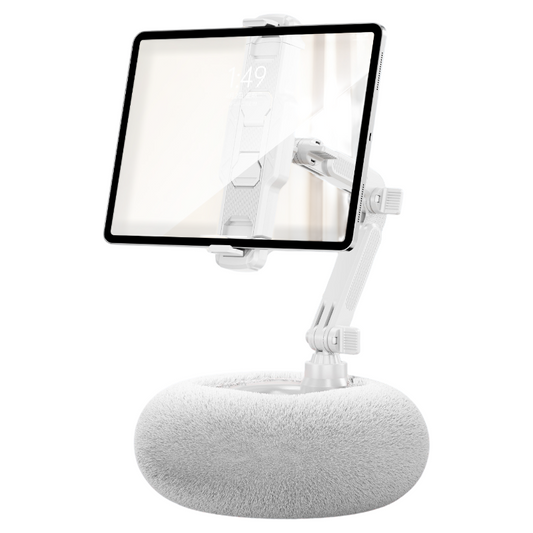 2-in-1 White Soft Plush Pillow Base & Tablet Holder - 3-Axis 180Â° Rotation, Height Adjustable and Telescopic Clamp Stand, Relieve Arm Fatigue and Neck Strain