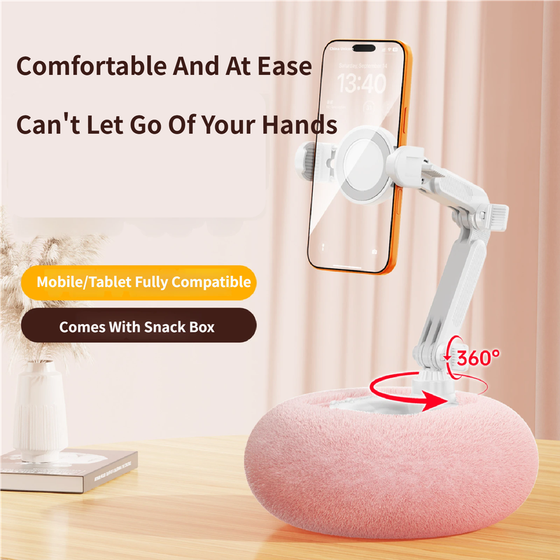 2-in-1 White Soft Plush Pillow Base & Tablet Holder - 3-Axis 180Â° Rotation, Height Adjustable and Telescopic Clamp Stand, Relieve Arm Fatigue and Neck Strain