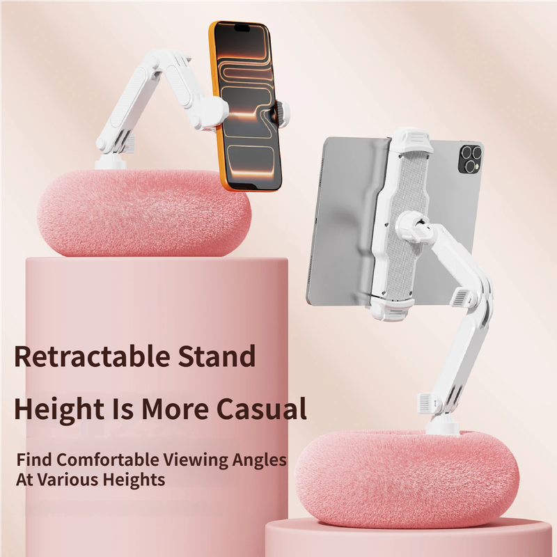 2-in-1 White Soft Plush Pillow Base & Tablet Holder - 3-Axis 180Â° Rotation, Height Adjustable and Telescopic Clamp Stand, Relieve Arm Fatigue and Neck Strain