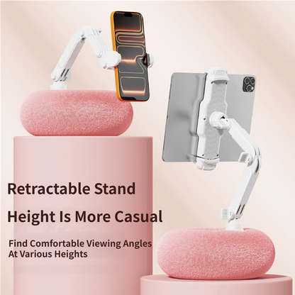 2-in-1 White Soft Plush Pillow Base & Tablet Holder - 3-Axis 180Â° Rotation, Height Adjustable and Telescopic Clamp Stand, Relieve Arm Fatigue and Neck Strain