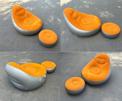Blue Inflatable Flocked Lounge Chair & Ottoman Set with Foot Pump - Portable Ergonomic S-shaped Air Lounger for Indoor & Outdoor