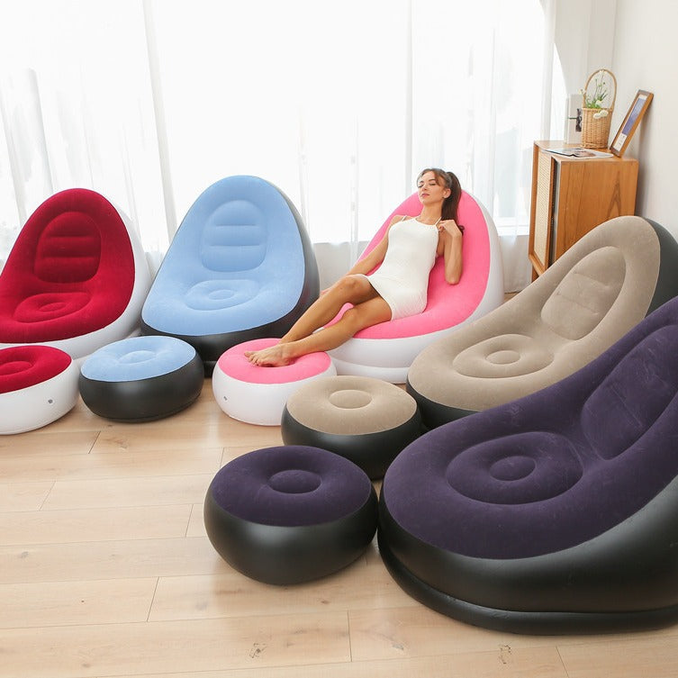 Blue Inflatable Flocked Lounge Chair & Ottoman Set with Foot Pump - Portable Ergonomic S-shaped Air Lounger for Indoor & Outdoor