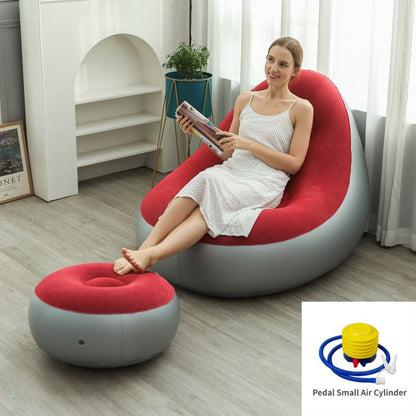 Red Inflatable Flocked Lounge Chair & Ottoman Set with Foot Pump - Portable Ergonomic S-shaped Air Lounger for Indoor & Outdoor