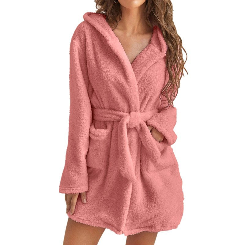 Pink M Size Women's Ultra-Thick Plush Robe with Large Hood & Pockets  - Warm Winter Double-Layer Sherpa Fleece Lounge, Bathrobe & Nightwear
