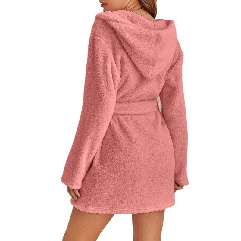 Pink M Size Women's Ultra-Thick Plush Robe with Large Hood & Pockets  - Warm Winter Double-Layer Sherpa Fleece Lounge, Bathrobe & Nightwear
