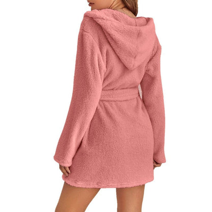 Pink 5XL Size Women's Ultra-Thick Plush Robe with Large Hood & Pockets  - Warm Winter Double-Layer Sherpa Fleece Lounge, Bathrobe & Nightwear
