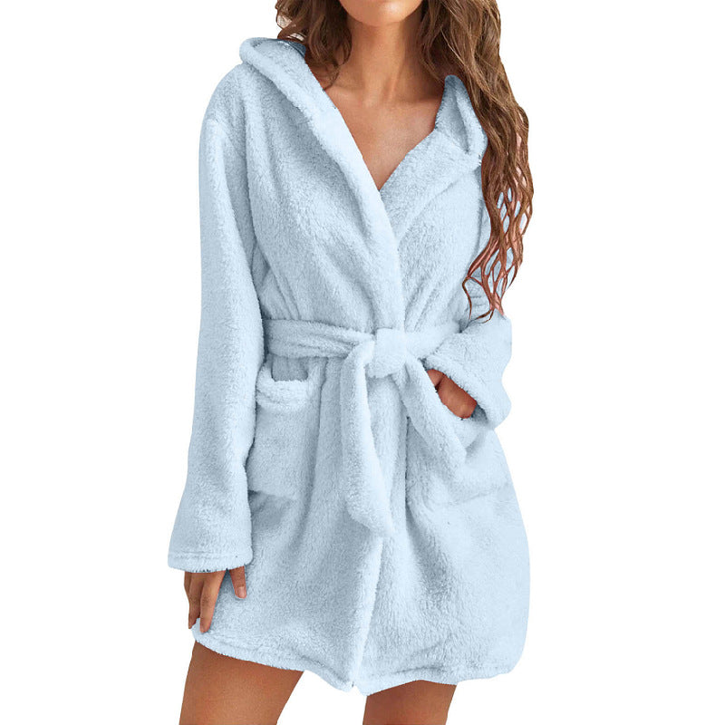 Blue 2XL Size Women's Ultra-Thick Plush Robe with Large Hood & Pockets  - Warm Winter Double-Layer Sherpa Fleece Lounge, Bathrobe & Nightwear