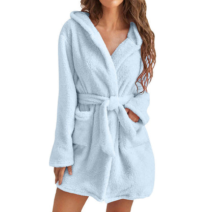 Blue 5XL Size Women's Ultra-Thick Plush Robe with Large Hood & Pockets  - Warm Winter Double-Layer Sherpa Fleece Lounge, Bathrobe & Nightwear