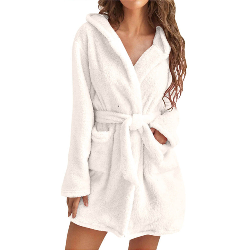White 2XL Size Women's Ultra-Thick Plush Robe with Large Hood & Pockets  - Warm Winter Double-Layer Sherpa Fleece Lounge, Bathrobe & Nightwear