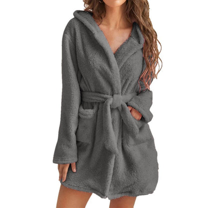 Dark Grey 2XL Size Women's Ultra-Thick Plush Robe with Large Hood & Pockets  - Warm Winter Double-Layer Sherpa Fleece Lounge, Bathrobe & Nightwear